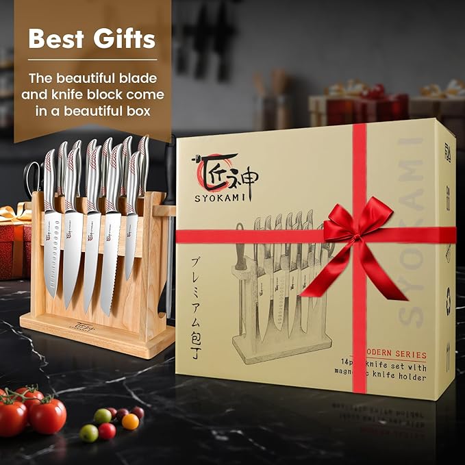 Japanese Knives Set for Kitchen, Magnetic Knife Set with Block and Sharpener, Stainless Steel Knife Set as Gift for Couple, Wedding, Women or Mom with Gift Box, 14 PCS Redd Dot