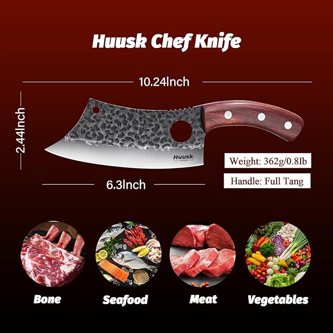 Huusk Meat Cleaver Knife, Hand Forged Butcher Knife for Meat Cutting, Full Tang Viking Knife with Sheath, Japanese Chef Knives for Kitchen, Outdoor Cooking, Camping, BBQ, Gift for Man and Women