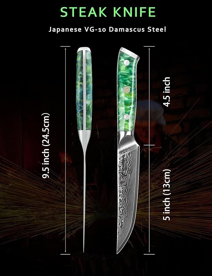 Steak Knives Set of 4, Ultra Sharp Non Serrated Kitchen Steak Knife 5 Inch - Damascus Steel & Resin Handle - Xuan Series(Jade Green)