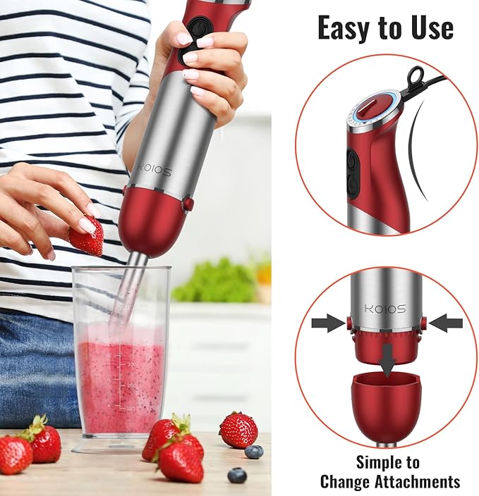 KOIOS 5-in-1 Hand Immersion Blender, 1000W 12 Speed Handheld Blender Stick with Copper Motor Stainless Steel Blade, 600ml Mixing Beaker,500ml Food Processor, Whisk, Milk Frother, Non-BPA, Red