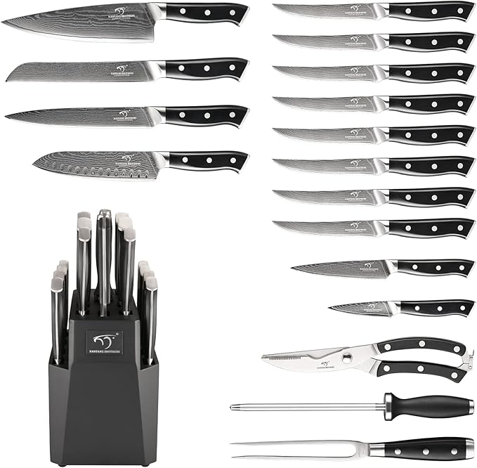 NANFANG BROTHERS Damascus Kitchen Knife Set, 18-Piece with Block, Ergonomic Handles, Carving Fork, Sharpener, Shears