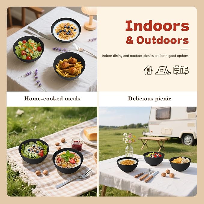 Wheat Straw Camping Bowls Sets of 6,Unbreakable 26oz Lightweight Bowls Sets for Outdoors Activity,Breakfast Bowls for Cereal and Salad.Black Series