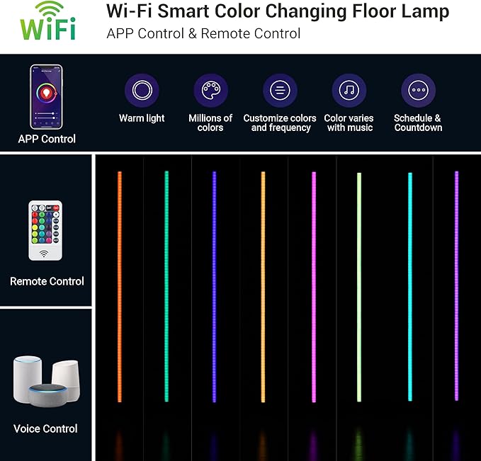 EDISHINE RGBW LED Corner Floor Lamp with Smart App & Remote Control, Dimmable Light Compatible with Alexa, Google Home, Minimalist Stick Tall Lamp for Living Room, Bedroom, (Black)