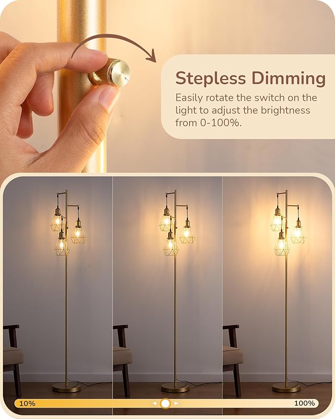 EDISHINE 70'' Dimmable Industrial Floor Lamp, Farmhouse Standing Lamps Diamond-Shaped Lampshade, 3 LED Edison Bulbs Included, Farmhouse Rustic Floor Lamps for Living Room, Bedroom, Office, Gold