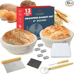 Bread Proofing Basket Set of 2 - Round 9" Sourdough Bread Baking Supplies w/Linen Liner, Scrapers, Scoring Lame, Whisk, Blades Banneton Proofing Baskets - Sourdough Starter Kit for Beginners
