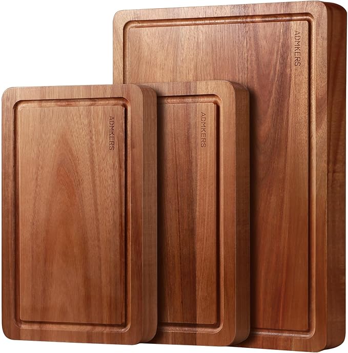 Wood Cutting Board, Acacia Cutting Boards for Kitchen, Set of 3, Solid Charcuterie Board with Juice Groove, Large Wooden Chopping Board for Meat, Cheese, Fruit, Vegetables (17x12, 12x10, 12x7 inch)