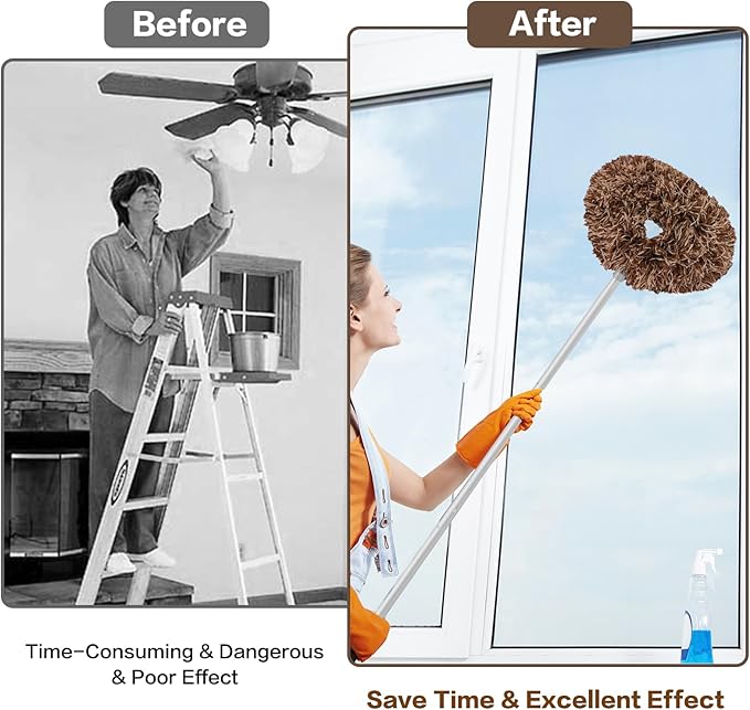 Ceiling Fan Cleaner Duster Reusable Microfiber Ceiling Fan Blade Cleaner Removable Duster with Extension Pole Adjusts 13 to 49.7 Inch for Cleaning Walls Furniture Door Window Top (Beige Brown)