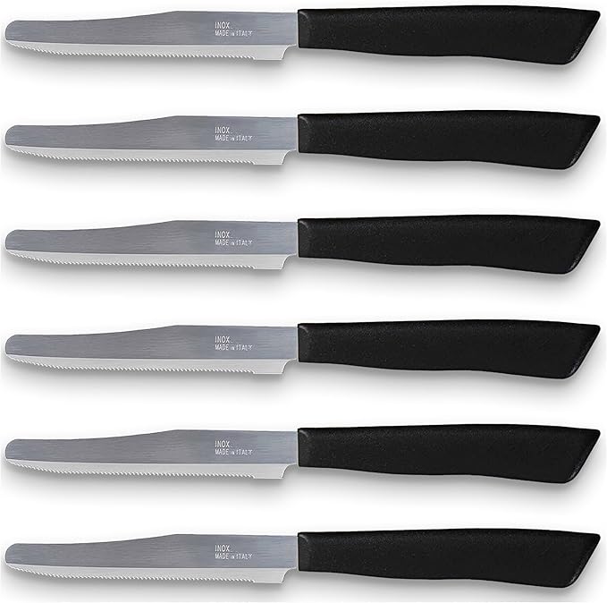 6 kitchen Knives - 4.3"/11cm Italian Stainless Steel Serrated Vegetable/Steak/Table Knife Cutlery, Rounded Tip (Black)