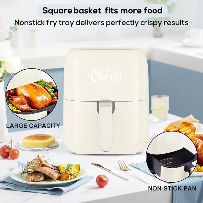 Charmi 5QT Air Fryer – Beautiful Retro Design, Stylish Countertop Look, Nonstick & PFAS-Free, Safe Auto Shutoff, Digital Touchscreen, 8 Cooking Presets (Cream White)