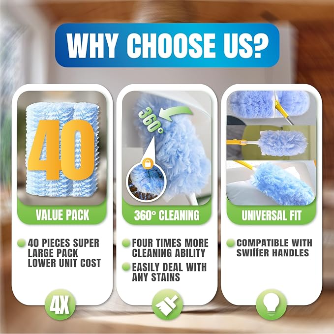 40 Count Disposable Microfiber Duster Refills for Swiffer- 360 Degree Heavy Duty Dry Duster Refills (Handle Not Included)