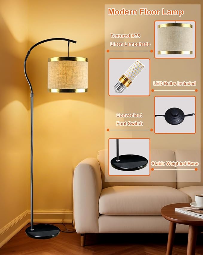 Lightdot 64.9IN Black Arc Floor Lamp, Modern Floor Lamps for for Wedding/Party, Standing Lamp with Linen Shade, Tall Floor Lamp Living Room/Bedroom (Bulbs Included)