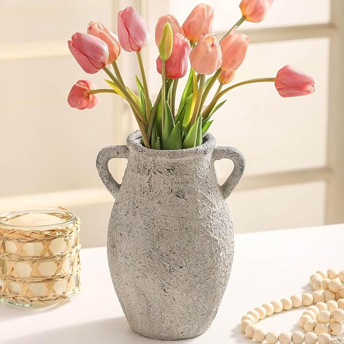 Ceramic Rustic Vase, 9.05 inch Farmhouse Flower Vase with 2 Handles, Decorative Pottery Flower Vases for Home Decor, Living Room Shelf Decor, Enterway, Table