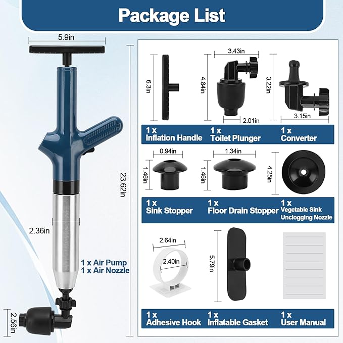 Toilet Plunger Drain Clog Remover, High Pressure Air Drain Remover Tool with Real-Time Barometer, Stainless Steel Clog Toilet Cleaner for Bathroom Kitchen Commercial Floor Sink(Blue)