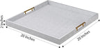 20x20 Inches Large Silver Faux Leather Wrapped Wood Ottoman Tray with Handles for All Occasions, Serving Food Breakfast On Bed, Home Decor Decorative, Living Room,Square Coffee Table Organizer