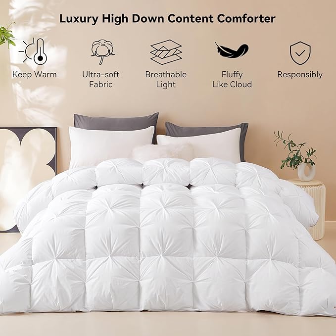 SNOWMAN Premium Down Comforter Queen Size, Luxurious All Season Duvet Insert with Cotton Blended Fabric, 37oz Fill Weight Pinch Pleat Design Hotel Bedding Comforter (White,90"x90")