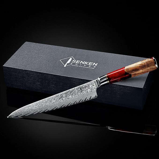 SENKEN Damascus Steel Chef's Knife - Tsunami Collection - 67-Layer Japanese VG10 Steel Core - Unique Blue Resin & Natural Wood Handle, Razor Sharp, Beautiful Damascus Wave Pattern (Red)