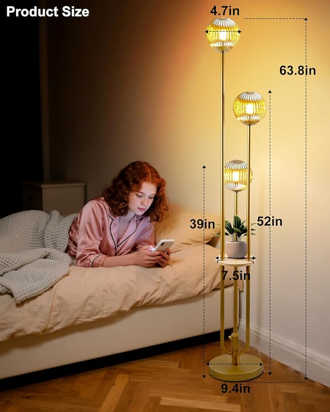 Lightdot Glass Floor Lamp with Shelf, 63IN Dimmable Mid Century Modern Gold Standing Lamps with 3 3000K Soft Warm White Bulbs Included, Globe Floor Lamp for Living Room/Wedding/Office