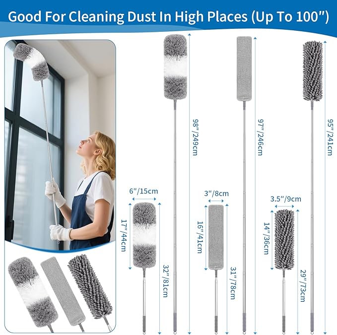 4PCS Dusters for Cleaning, Extendable Microfiber Duster with Extension Pole Up to 100'', Bendable Washable Cleaner Dusters for Cleaning Fan, High Ceiling, Blinds, Furniture, Car