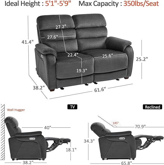 MCombo Zero Wall Recliner Loveseat, Power Recliner Loveseat with Adjustable Headrest, USB A & C Charge Ports, Wood Legs, for Living Room, RVs, Small Spaces (Fabric, ST258M1, Dark Grey)