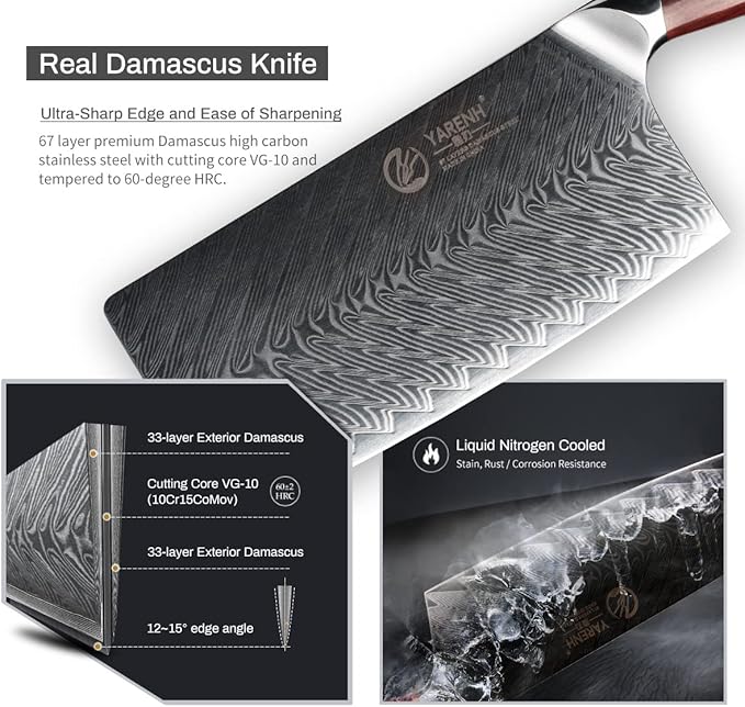YARENH Chinese Cleaver Knife 7 Inch - Damascus Chef Knife for Kitchen, 67 Layers High Carbon Stainless Steel, African Sandalwood Handle, Sharp, Durable, Rust Resistant, Gift Box