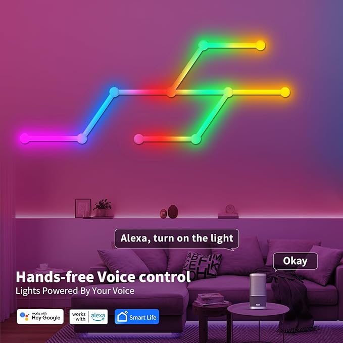 Smart WiFi RGB LED Wall Light Lines, Music Sync DIY Geometry Splicing Gaming Lights, 16M+ Color Changing Home Decor Lights Work with Alexa and Google Assistant for Game Room, Bedroom - 9 Bars