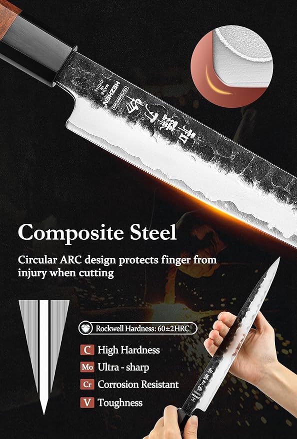 HEZHEN Carving Knife, 10 Inches, Meat Cutting and BBQ Knife, 3 Layers High Carbon Clad Steel Brisket Slicing,Breaking Butcher, Redwood Octagonal Handle