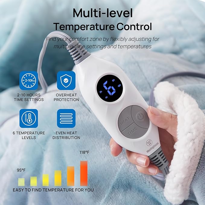 Westinghouse Electric Snuggle Throw Blankets with Foot Pocket, Wearable Heated Blanket with Sleeves, 6 Heating Levels & 2 to 10 Hours Heating Time Settings, 50 * 70"+18", Light Blue