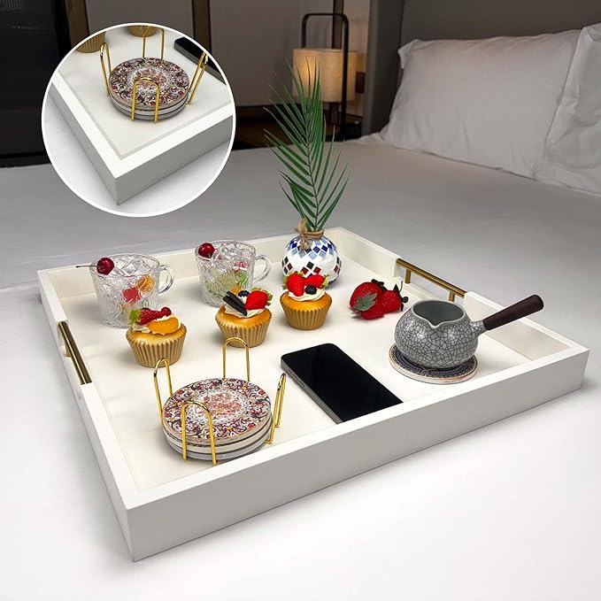 20x20 Inches Large White Faux Leather Wrapped Wood Ottoman Tray with Handles for All Occasions, Serving Food Breakfast on Bed, Home Decor Decorative, Living Room,Square Coffee Table Organizer