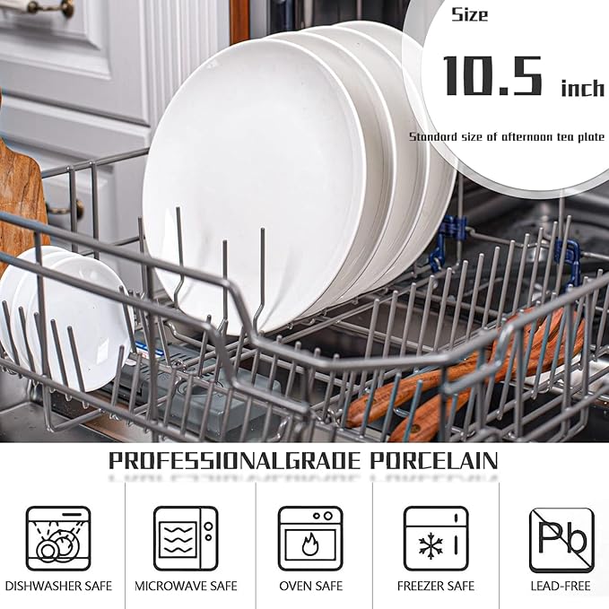 Amazon 6-Piece 10.5" White Dinner Plates Lightweight Round Plates, Simply Dessert Plate, Triple Layer Glass and Chip Resistant, for Microwave and Dishwasher Safe Scratch Resistant, Winter Frost White