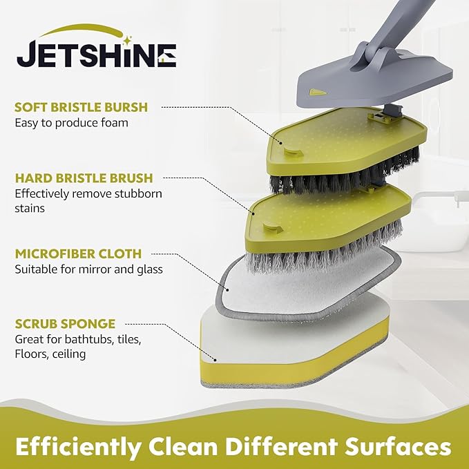 4 in 1Tile Tub Scrubber Brush | 62.2" Extendable Long Handle-Shower Cleaning Brush No Scratch Shower Scrubber for Cleaning Bathroom Kitchen Toilet Wall,Bathtub,Sink,Grey