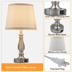 Lamps for Bedrooms Set of 2, Brushed Nickel Bedside Lamps with USB C+A Ports, 3 Way Dimmable Nightstand Lamps with Fabric Lampshade, Touch Table Lamp for Living Room Bedroom Office, Bulbs Included