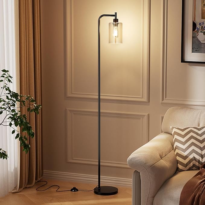 Floor Lamps for Living Room - Standing Lamp with Grey Glass Shade, Modern Floor Lamp with LED Bulbs, Industrial Floor Lamp for Bedroom, Black Tall Lamp for Office(Light Bulb Included)