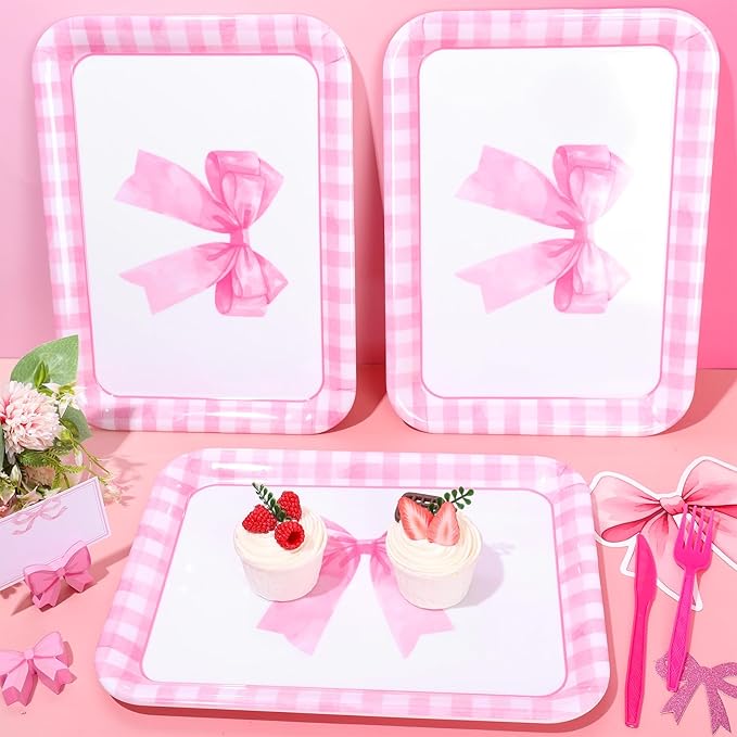 3Pcs Pink Bow Serving Trays 13 x 10 Inch Watercolor Ribbon Bow Knot Reusable Platter Pink White Plaid Serving Dishes for Coquette Birthday Wedding Baby Shower Party Decor