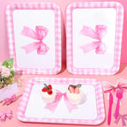 3Pcs Pink Bow Serving Trays 13 x 10 Inch Watercolor Ribbon Bow Knot Reusable Platter Pink White Plaid Serving Dishes for Coquette Birthday Wedding Baby Shower Party Decor