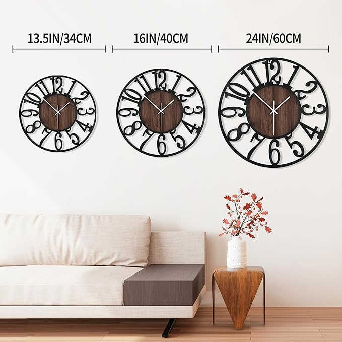 1st owned Large Wall Clock for Living Room Decor- 24" Decorative Antique Silent Non Ticking,Battery Operated,Black Metal,Wood Clocks for Farmhouse,Dining Room,Bedroom,Kitchen - Arabic Numerals