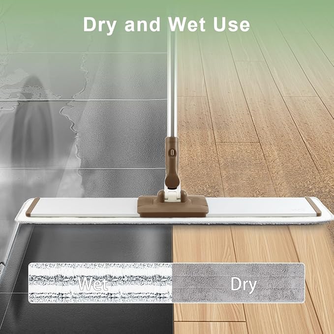 CQT Commercial Flat Microfiber Floor Mop Cleaning System 24" Inch Wet Dry and Dust Hardwood with 4 Washable Pads Cleaner for Laminate Tile Stainless Steel Handle and Extension (PT14 Brown)