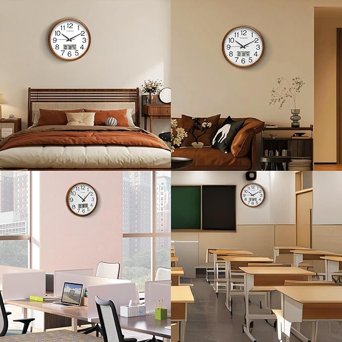 Wall Clock, Classic Wood Style Finish, 11 Inch Non-Ticking Silent Battery Operated Quartz Analog with Perpetual Calendar and F° Temperature Display, Home, Office Décor (Wood Yellow)