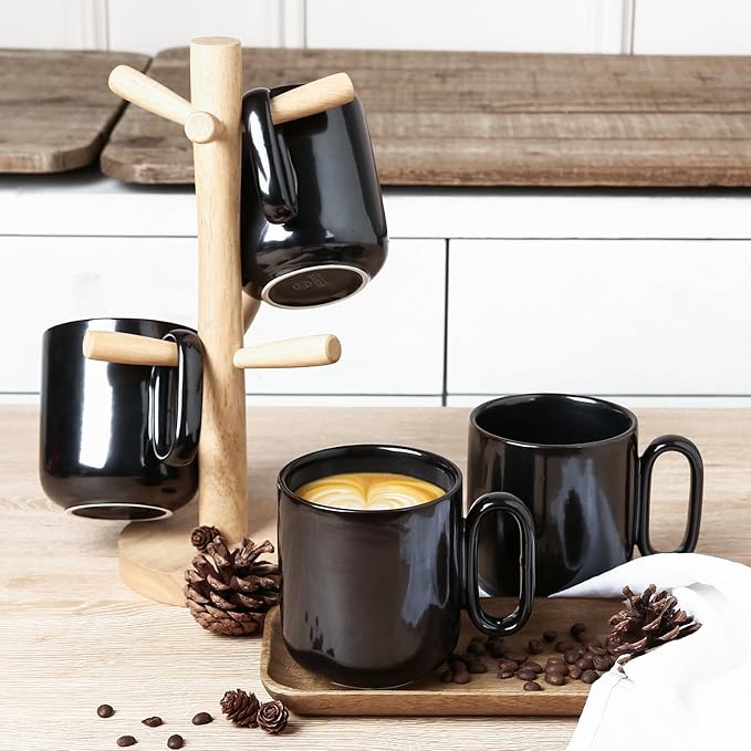 vicrays Ceramic Coffee Mug Set - 18 Ounce Large Stoneware Mug for Men Women - Unique Glazed Porcelain Mugs with Handle for Coffee Latte Tea Milk Cocoa - Set of 4 (Black)
