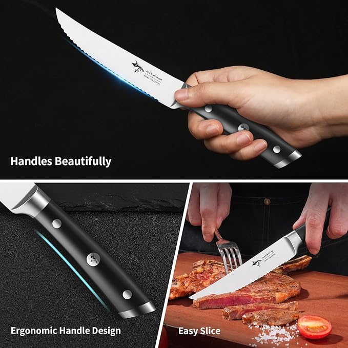 MAD SHARK Steak Knives Set of 4,Premium 12.6-inch Serrated Steak Knife Set,Ultra Sharp German High Carbon Stainless Steel Triple Rivet Collection 4-Piece Kitchen Steak Knife Set (STEAK KNIFE SET OF 4)