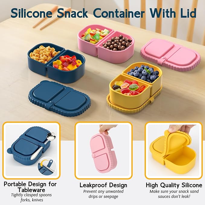 3 Pack Reusable Silicone Snack Containers with Lids, Mini Containers 2 Compartments, Portable Silicone Food Storage Box for Picnic, School, Office (3)