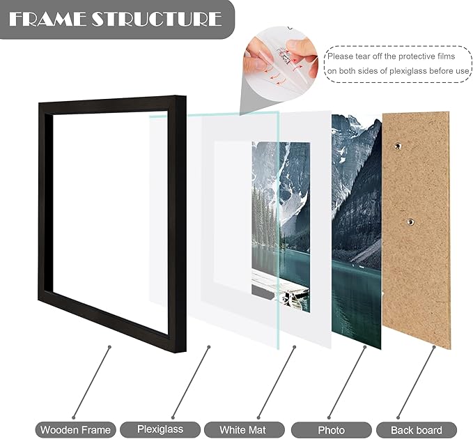 11x11 Black Picture Frame set of 3, Made of Wooden Square Photo frame - Displays 8x8 Picture With Mat or 11 x 11 Without Mat, Desktop and Wall Mounting Collage Frame set