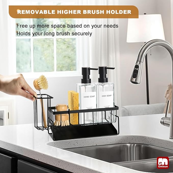 GMISUN Kitchen Soap Dispenser Set, 12 fl oz / 350 ml Dish Soap Dispensers with Sponge Holder, Customized Clear Glass Dish soap Dispenser for Kitchen, Modern Soap Dispensers Set Removable