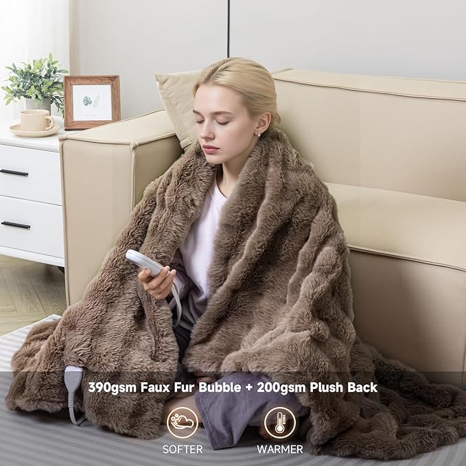Heated Blanket Electric Twin- 62"x84" Soft Thick Bubble Electric Blanket for Sofa with 5 Heat Levels & 4 Hours Auto-Off Overheat Protection, Warm Cozy Gifts, Beige