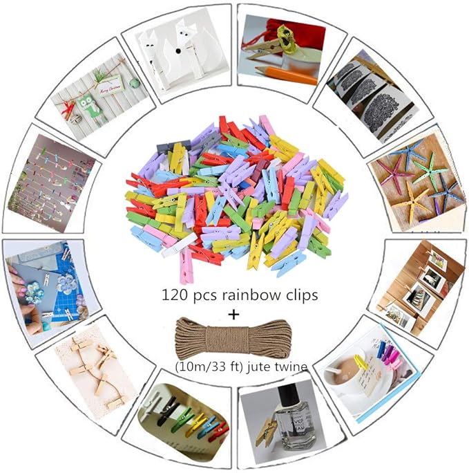 DurReus Sturdy Clothes Pegs Clamps DIY Craft Mini Colored Wood Clothespins Clip Holiday Christmas Cards with Twine Pack 50 Yellow