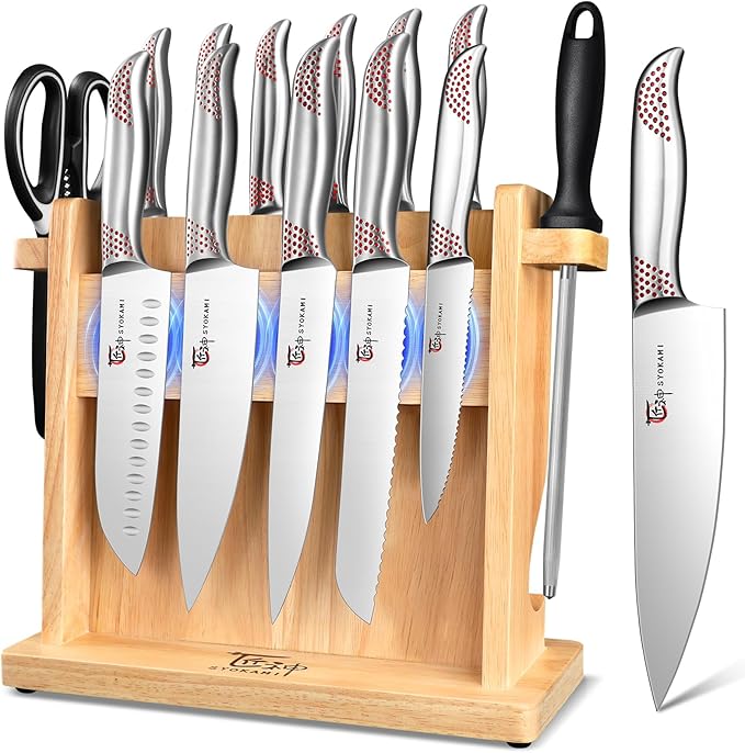 Japanese Knives Set for Kitchen, Magnetic Knife Set with Block and Sharpener, Stainless Steel Knife Set as Gift for Couple, Wedding, Women or Mom with Gift Box, 14 PCS Redd Dot