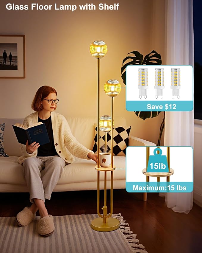 Lightdot Glass Floor Lamp with Shelf, 63IN Dimmable Mid Century Modern Gold Standing Lamps with 3 3000K Soft Warm White Bulbs Included, Globe Floor Lamp for Living Room/Wedding/Office