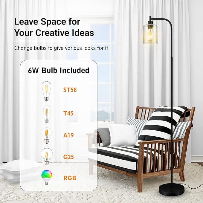 BoostArea Modern Floor Lamp with Seeded Glass Shade, 65 Inches Tall, Energy Efficient, LED Bulb Included, Easy Assembly and Use