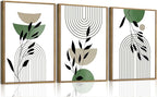Bwodke Boho Wall Art, Framed Abstract Wall Art, Line Plants Leaf Canvas Wall Decor, Mid Century Sage Green Geometric Pictures Set of 3, Minimalist Paintings, for Bedroom Living Room Bathroom 16"x24"