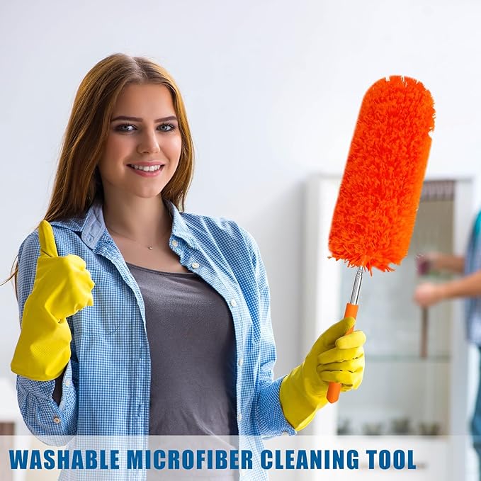 Tanlade 12 Pcs Microfiber Feather Duster for Cleaning 13-31 Inch Extendable Cobweb Dusters Ceiling Fan Duster Washable Bendable Tool for Office Car Window Furniture (Orange)