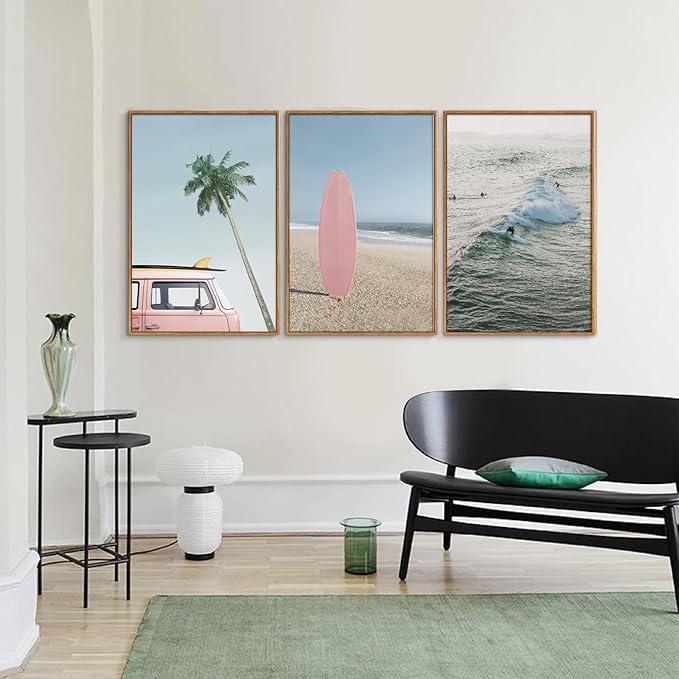 Tinonedraw Large Ocean Beach Framed Canvas Wall Art, Summer Coastal Surfboard Wall Decor, Palm Tree Pink Car Artwork, Modern Surfing Seascape Art Prints for Living Room Bedroom Office 24"x36"x3
